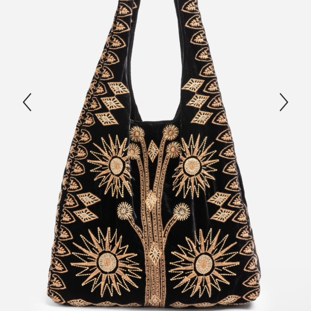 Johnny Was Black and Gold Embroidered Velvet Tote